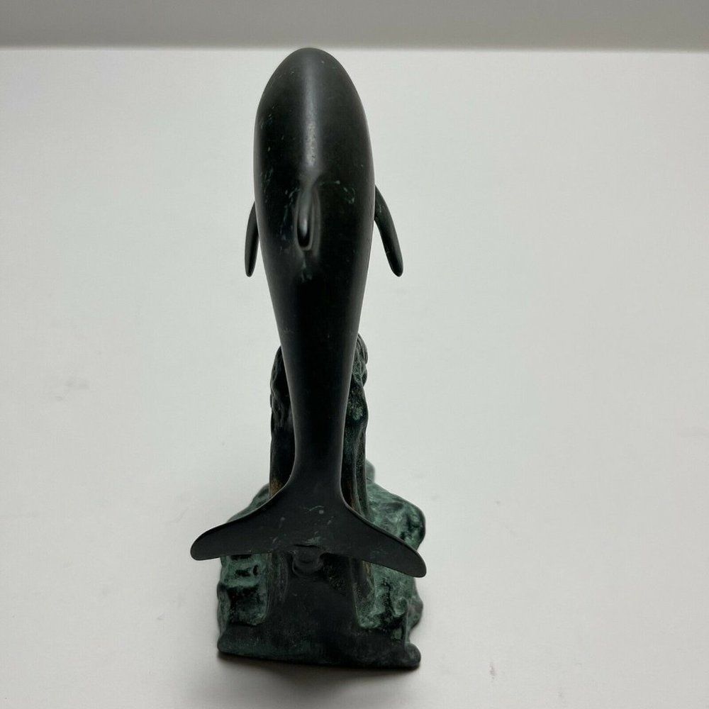 Brass Dolphin Statue Vintage Art Deco 6" High Brass Sculpture Patina Metal Base - Picture 10 of 10